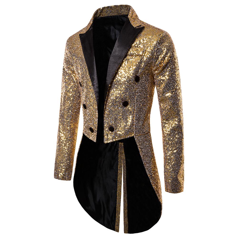 Men's British Style Men Court Tuxedo Suit Coats Fashion Sequin Decoration Blazers Gentleman Wedding Party Long Jacket Singers Stage