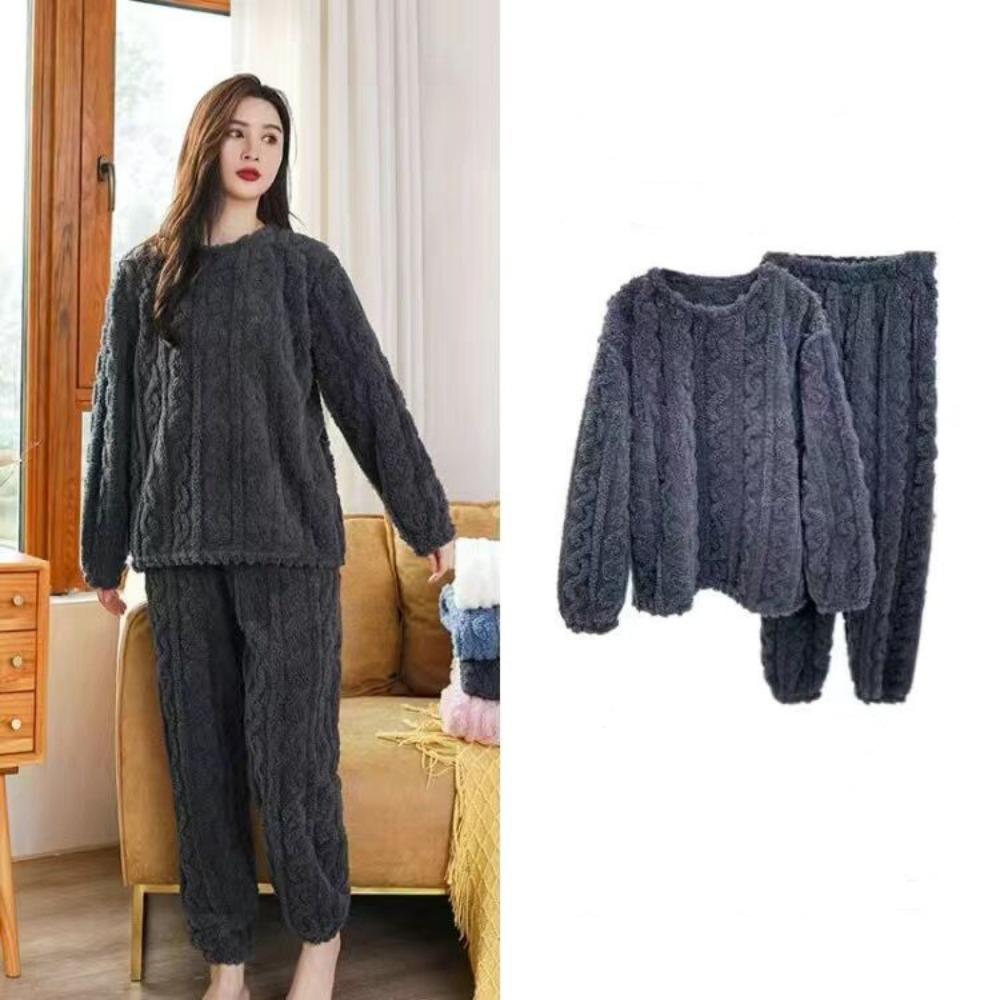 2025 Autumn Women Solid Warm 2 Piece Sets Thicken Velvet Ribbed Fleece Set Pullover And Pants Women Casual Pajama Sets