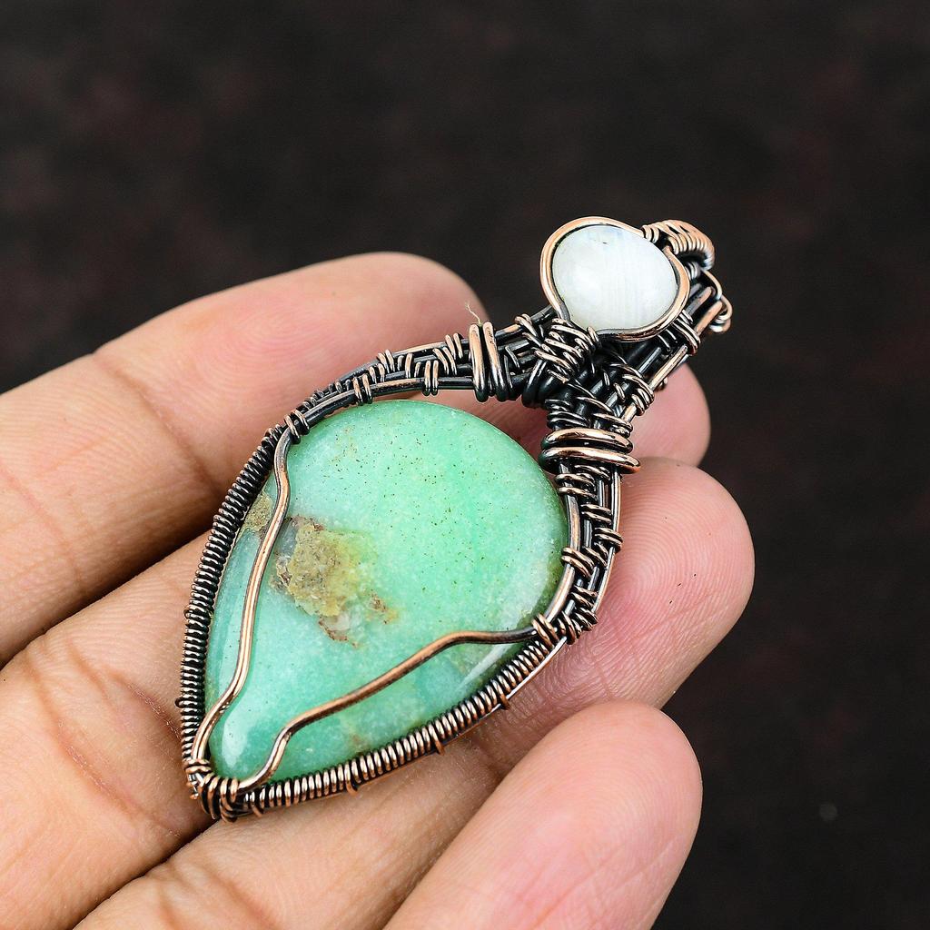 Chrysoprase Copper Pendant Copper Wire Wrapped Jewelry Gemstone Copper Jewelry Rainbow Moonstone Jewelry Gift For Mother Chrysoprase Jewelry