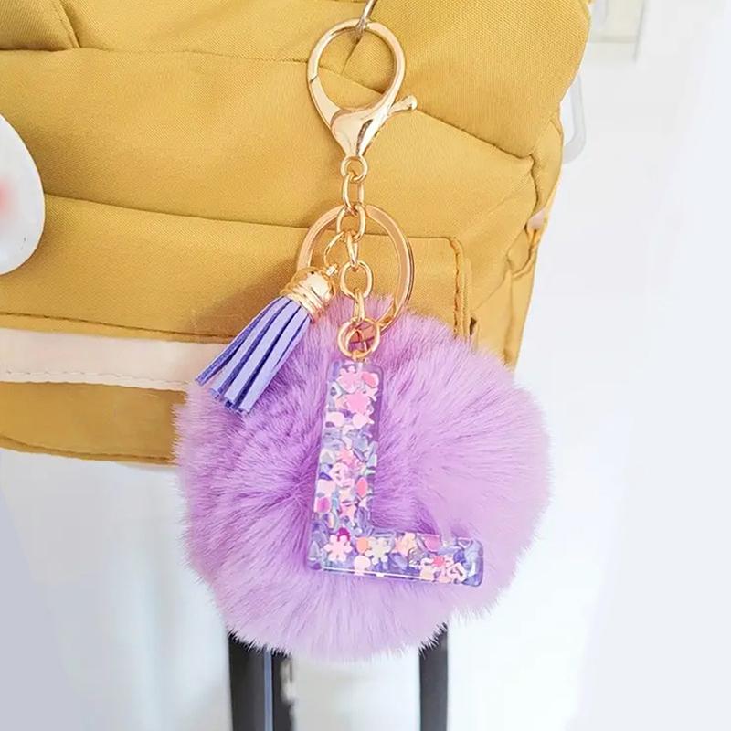 Adorable A-Z Letters Initial Keychain Sparkling Resin Alphabet Fluffy Hairball Pendant Backpack Decoration Accessories Gifts