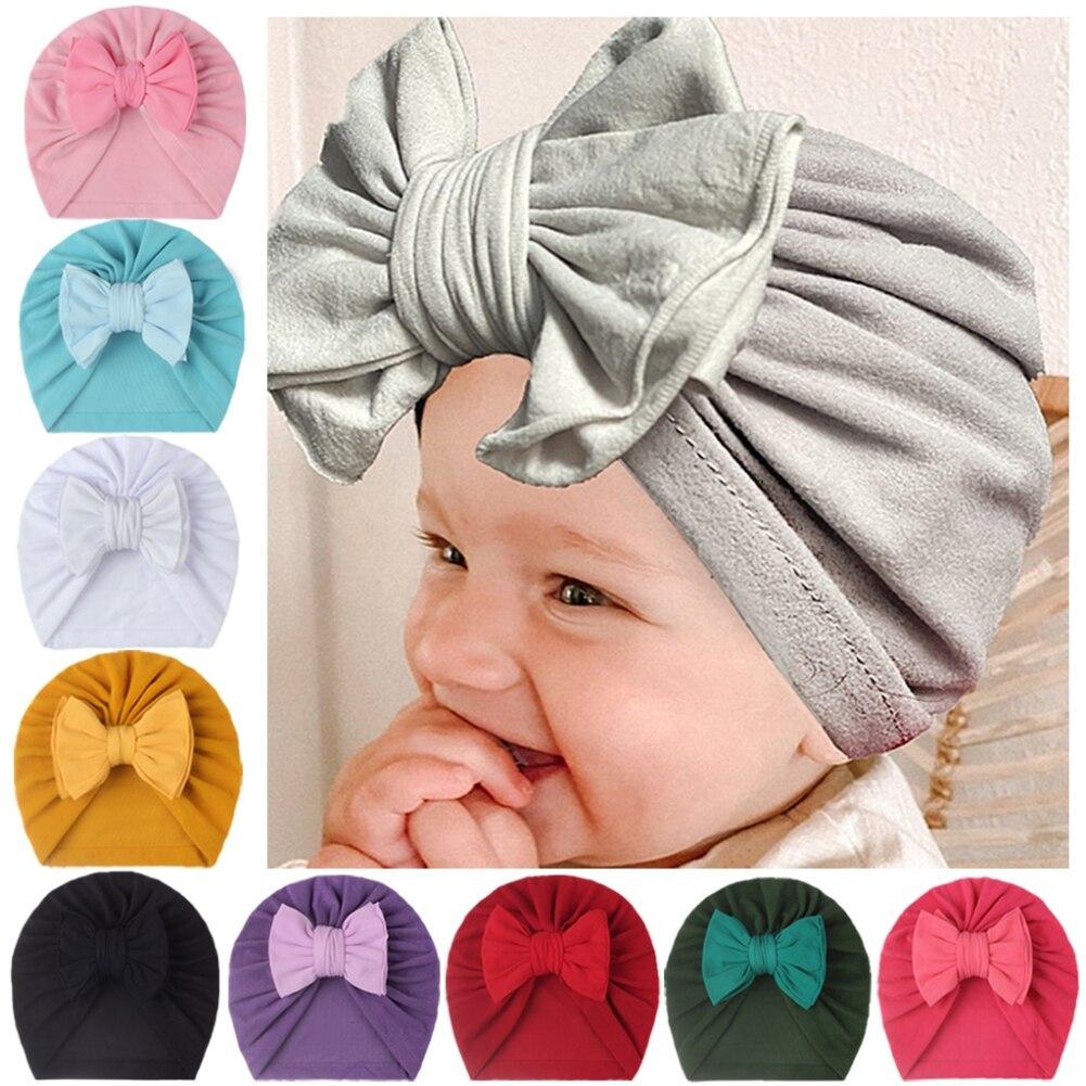 Solid Baby Cotton Cute Bear Ear Bowknot Turban Hats Sweet Soft 0-4T Elastic Caps for Newborn Baby Boy Girls Headwraps