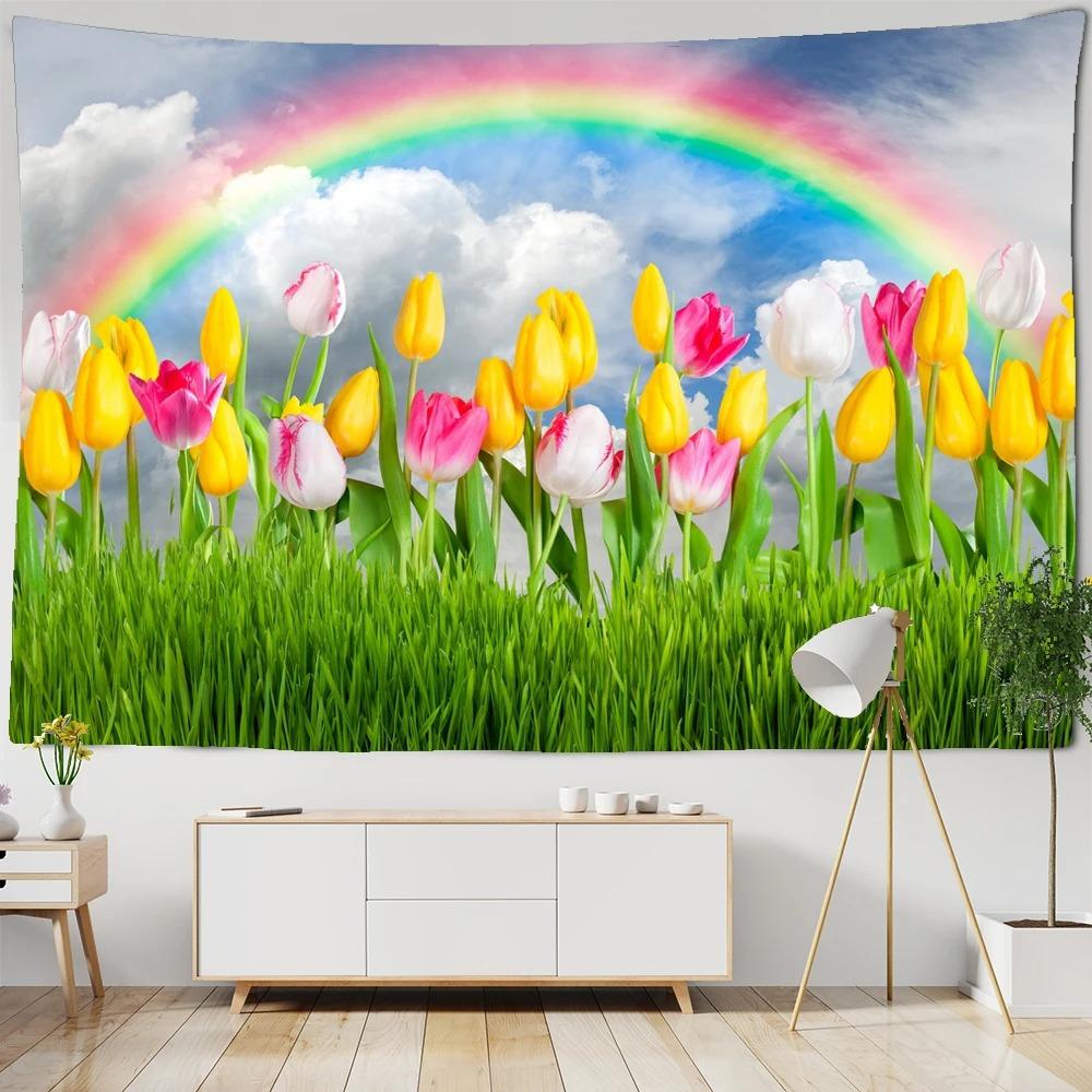 Beautiful White Cloud Rainbow Flower Hanging Cloth Home Wall Decoration Tapestry Office Living Room Tapestry