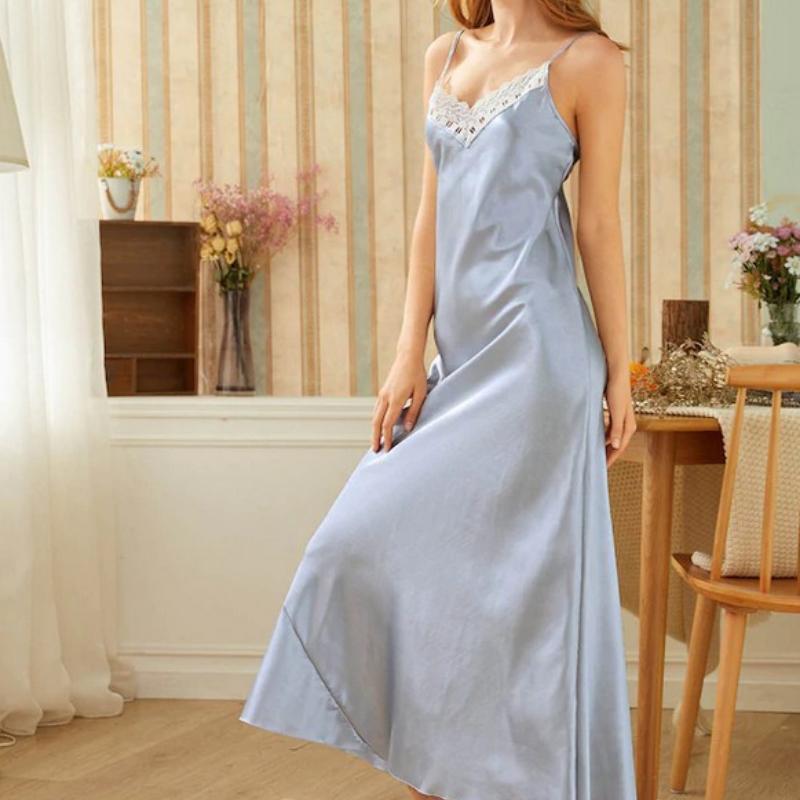 Silk Sling Lace Nightdress Women Pajamas Solid Korean Elegant V Neck Classic Basic Summer Comfortable Homewear Chic