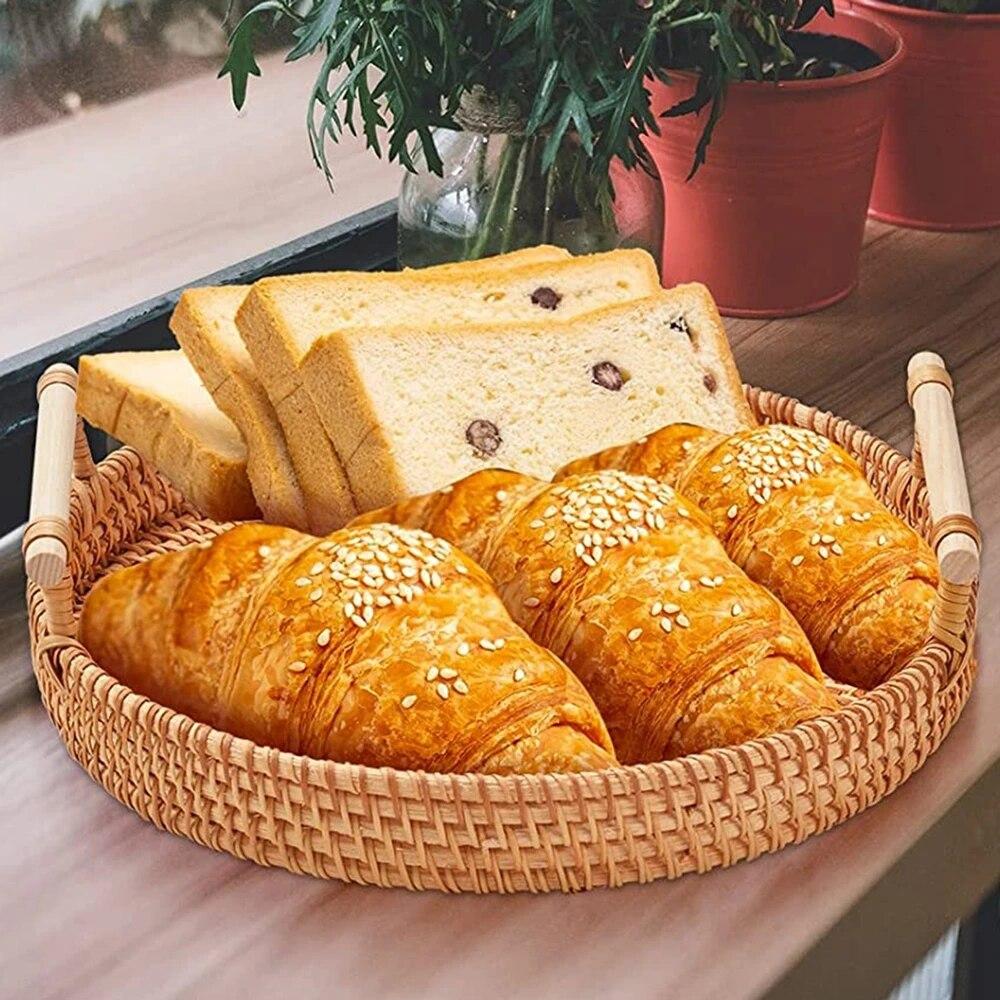 Плетеный вручную поднос для хранения из ротанга с ручкой, круглая плетеная корзина, сервировочный поднос для ужина, тарелка для еды, фруктов, закусок, торта