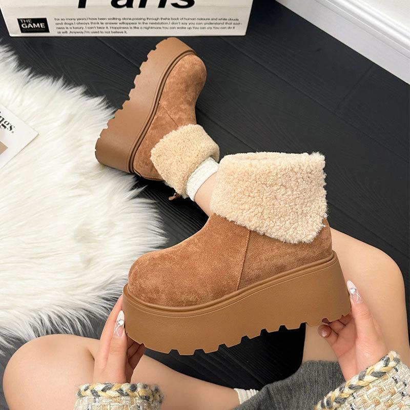 Thick-soled Heightening Snow Boots Women's New Winter Plush Warm Fluffy Short Boots Fashionable Ugly and Cute Big-headed Cotton Shoes