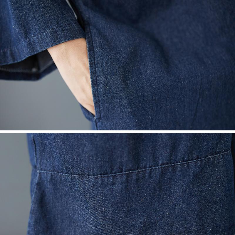 Women Plus Size Dress Solid Fashion Casual Denim Basic Long Dress Cotton Vintage Loose Blue Clothing