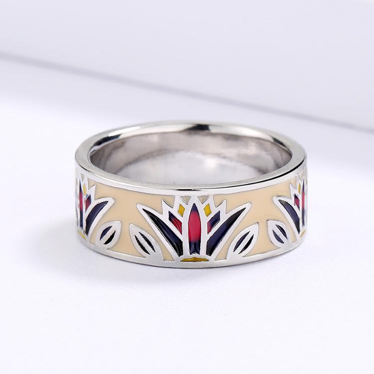 Artistic Retro Minority Personality Simple Color Enamel Flower Jewelry Ring Earring Set