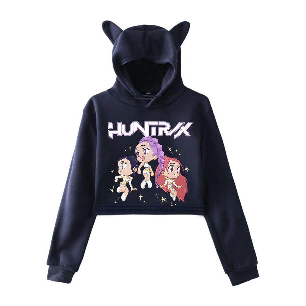 KPop Demon Hunters Cartoon Printed Cat Ear Hoodie Women Long Sleeve Cropped Sweatshirts Female Casual Streetwear Crop Tops