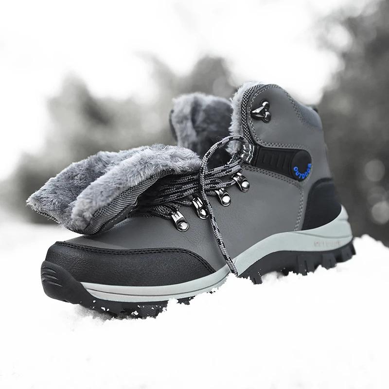 2024 Winter Men Hiking Boots Waterproof Ankle Snow Boots Men Sneakers Outdoor Non-slip High Top Plush Warm Leather Shoes