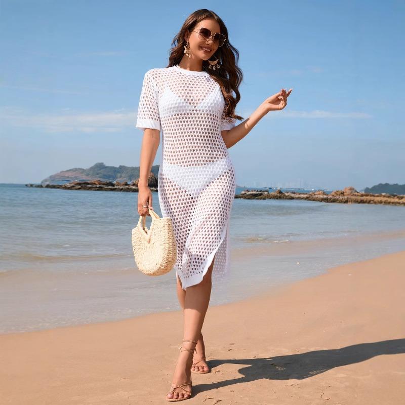 Women's Summer New Seaside Holiday Fashion Solid Color Short Sleeve Knitted Long Dress