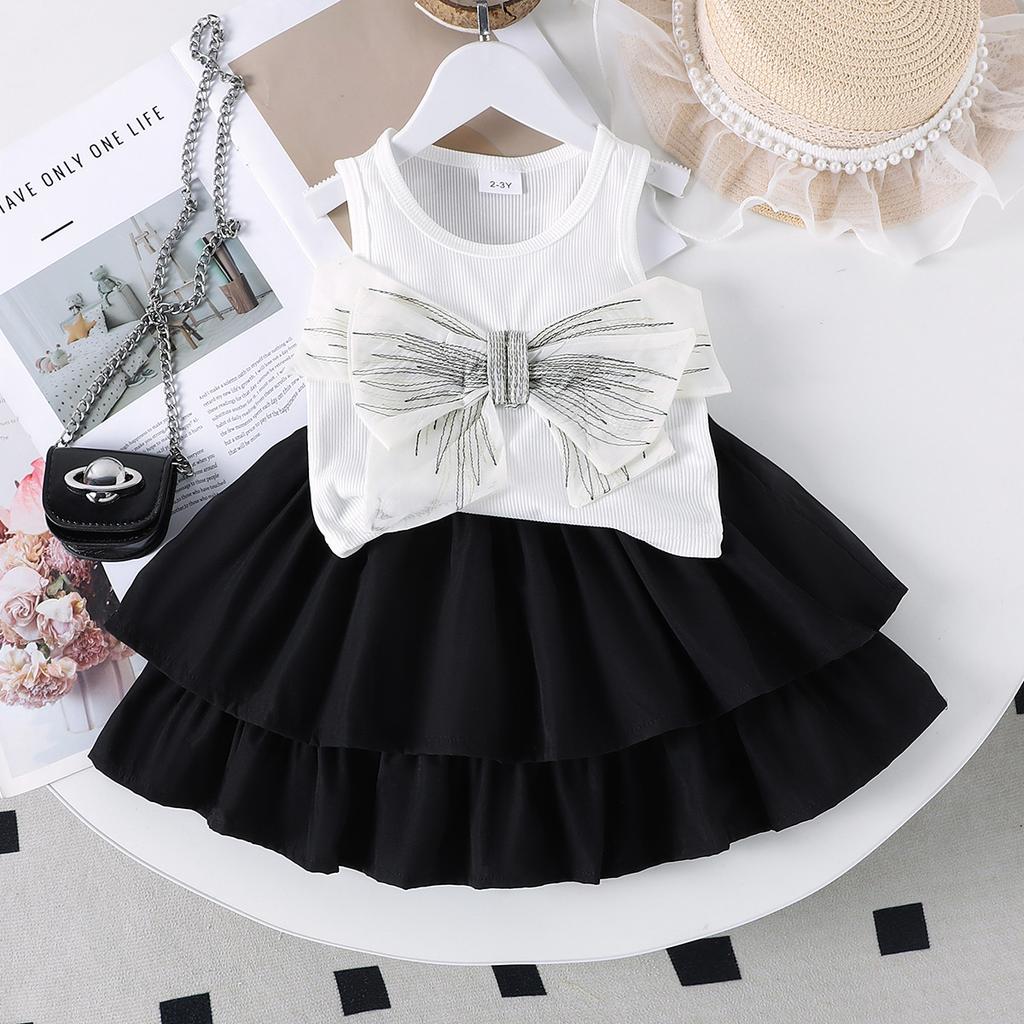 Girls' Sweet Set Summer Children's Fashion and Cute Bow-decorated Sleeveless Top + Puffy Skirt Set