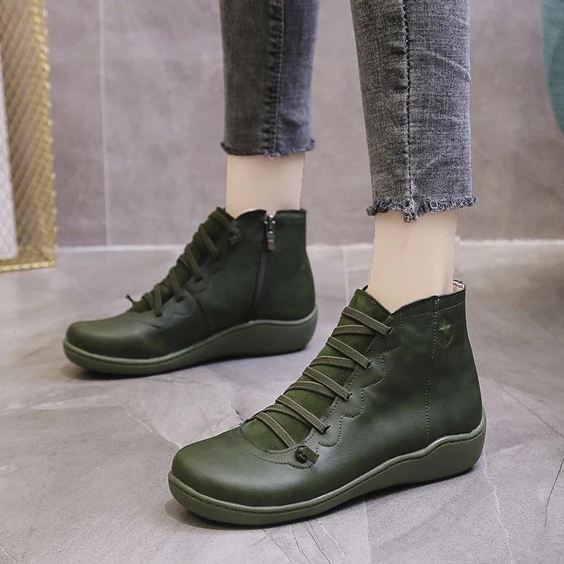 New Snow Boots  Women Winter Leather Ankle Spring Flat Shoes Woman Short Vintage Boots with Fur for Women Lace Up Goth Shoes