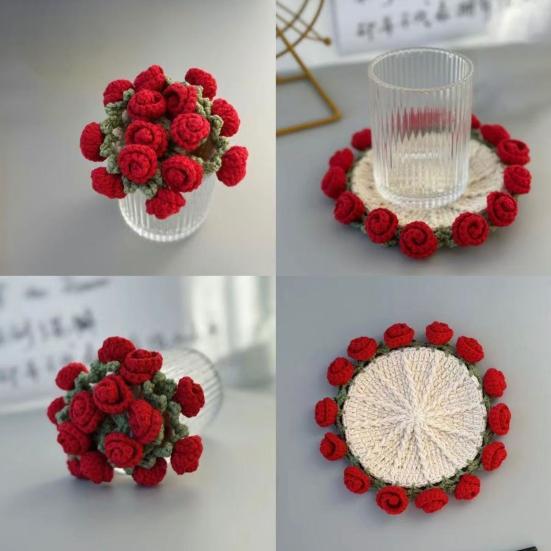 Handmade Crochet Flower Coasters Vintage Rose Flower Bouquet Coaster Unique Coffee Table Decor Accessories
