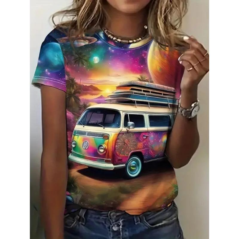 Summer Round Neck 3D Car Print Top Fashionable Casual Short Sleeved Women's T-shirts