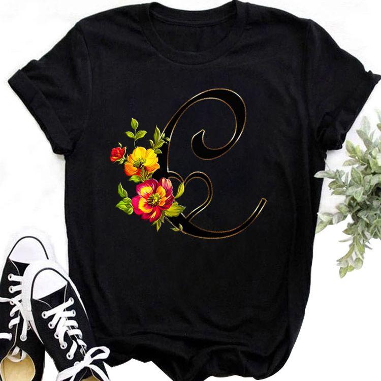 Custom Name Letter Combination Tops Fashion Women T-Shirt Rose Flower Heart Letter Font A B C D Short Sleeve Tees Black T-Shirt