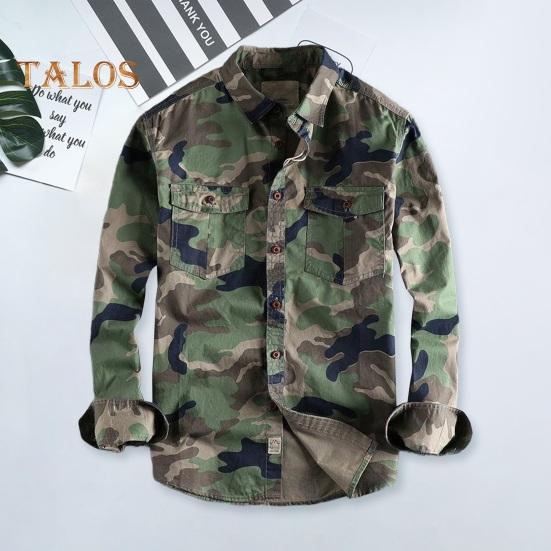 Spring Fall Men Shirt Camouflage Print Cargo Style Chest Pockets Wear-resistant Long Sleeves Turn-down Collar Button-down Outdoor Work Top