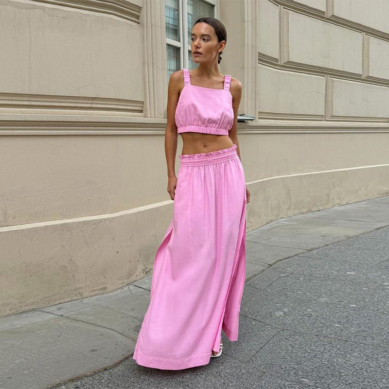 Summer Cotton Linen Women's Suspender Half Skirt Set Short Vest Casual Solid Color Set Female Split Long Skirt Matching Sets