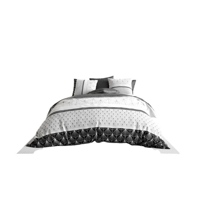 Parure De Lit - Housse Couette + 2 Taies - 260 X 240 Cm - Graphique Noir Et Blanc - 100% Coton Doux