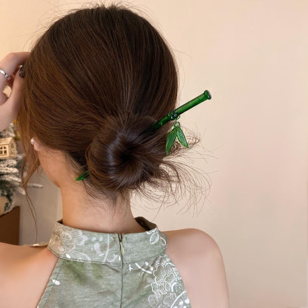 Green Hair Stick Bamboo Leaf Barrette Simple Chopstick Hairpin for Women