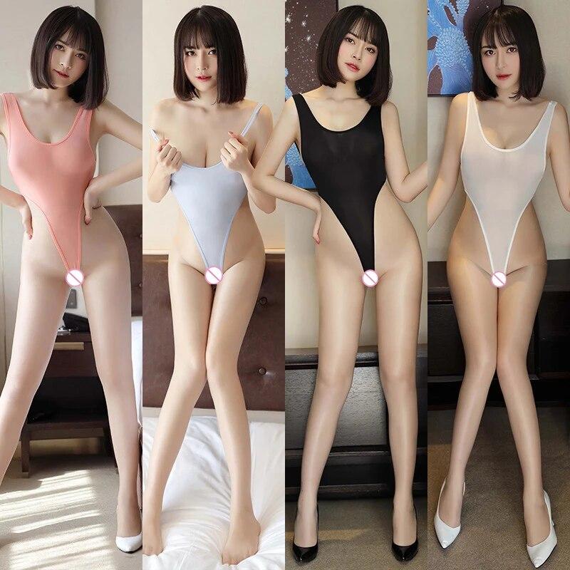 New Ice Silk Sexy See Through High Cut Bodysuit Thong Swimsuit Transparent Milk Silk Erotic Lingerie Underwear Body Suits