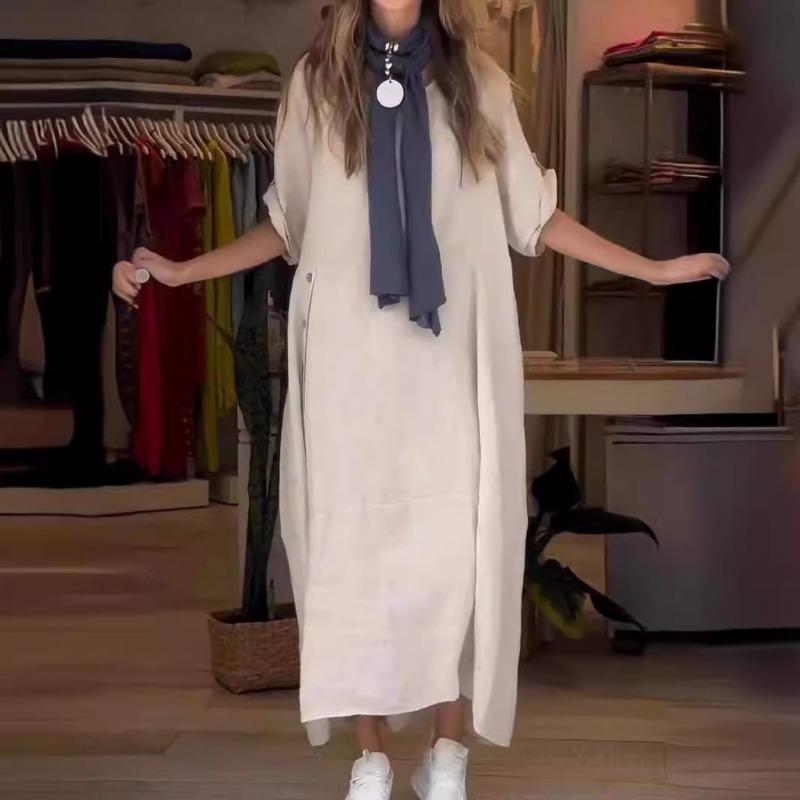 Women's Summer Style Loose Casual Solid Color Short-sleeved Cotton Linen Dress