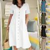 Plus Size Women Dress Female Retro Simple Casual V-neck Buttons Cotton Linen Short Sleeve Mid-Length Loose Summer Dress