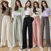 Women's Wide-Leg High Waist Stripe Ice Silk Trousers - Petite Drawstring Casual Pants