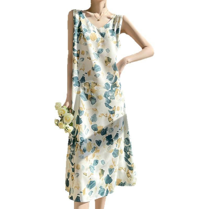 Silk Satin Women's V-neck Print Spaghetti Strap Maxi Dress - Summer 2025 Collection