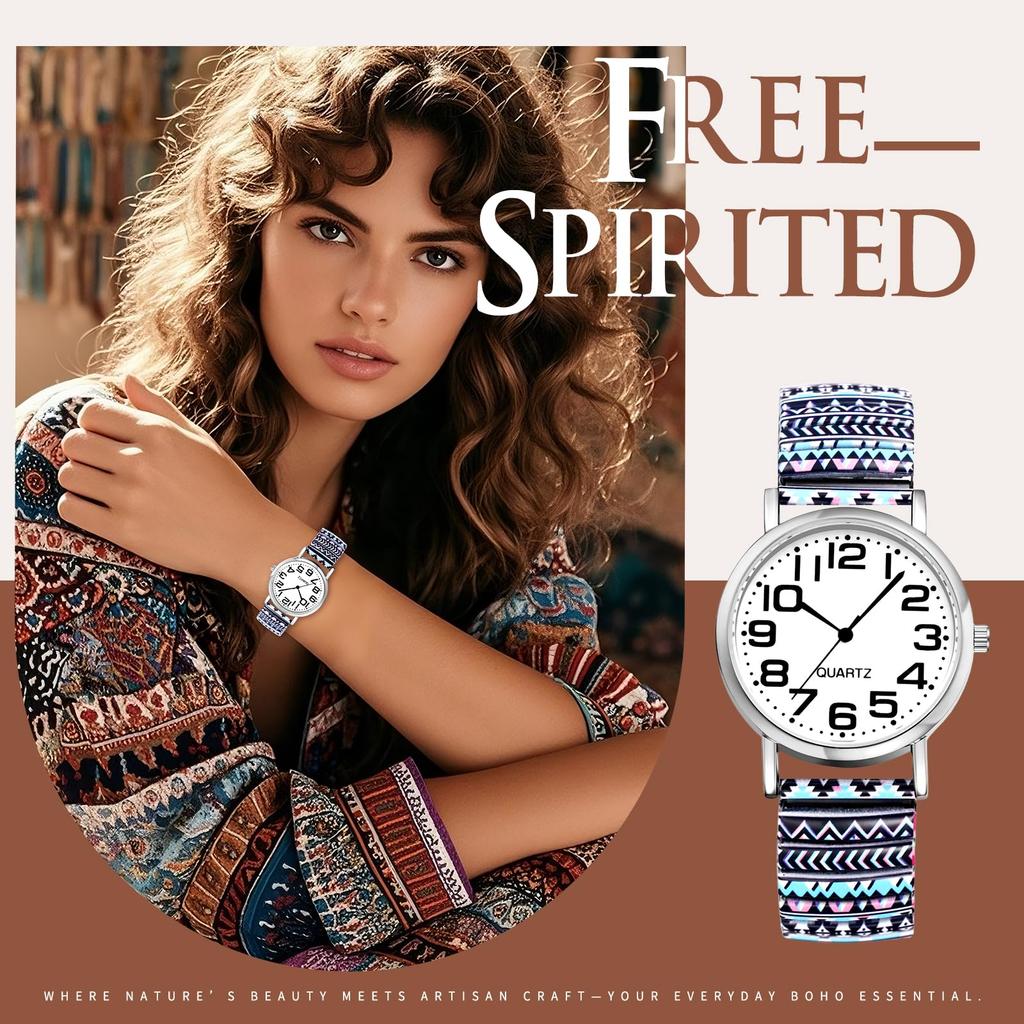 Bohemian Watch with Elastic Strap and Arabic Free Floral Waterproof Quartz Watch with Stretchable Stainless Steel Analog Colorful Ethnic Style Gift