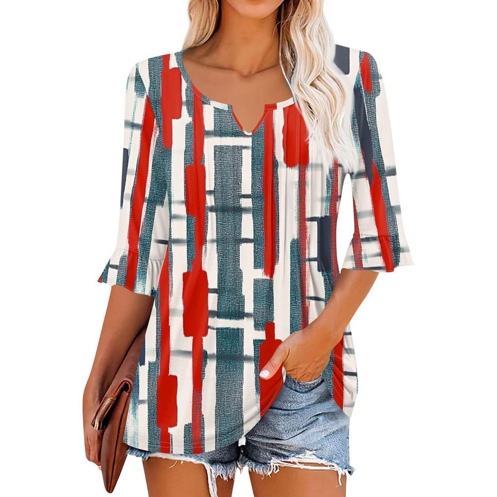 3/4 Sleeve Tops For Women Casual Ruffle V Neck T Shirts Work Blouses Dressy Tunic Tops