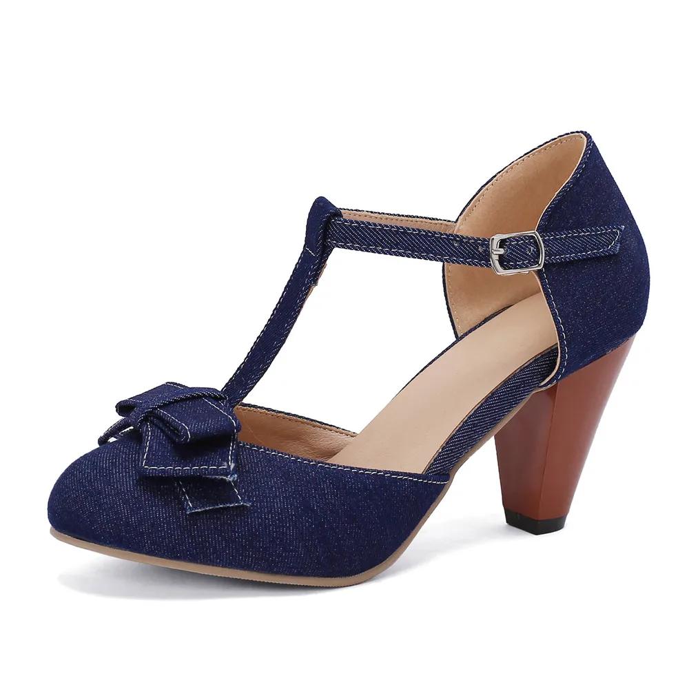 Fashion 2025 Spring Summer Girls High Heel Shoes Denim Women's Pumps T-Buckle Fashion Spike Heels High Heels for Office Party Banquet