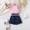Girls' Fashion Set 2025 Summer Children's Casual Solid-color Sleeveless Pullovers, Denim High-waisted Shorts with A Belt Set