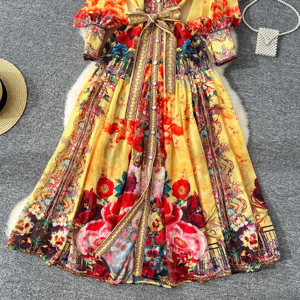 Bohemian Floral Chiffon Summer Dresses for Women 2025 Runway V-Neck Long Lantern Sleeve Sashes Beach Holiday Dressess Boho Robe
