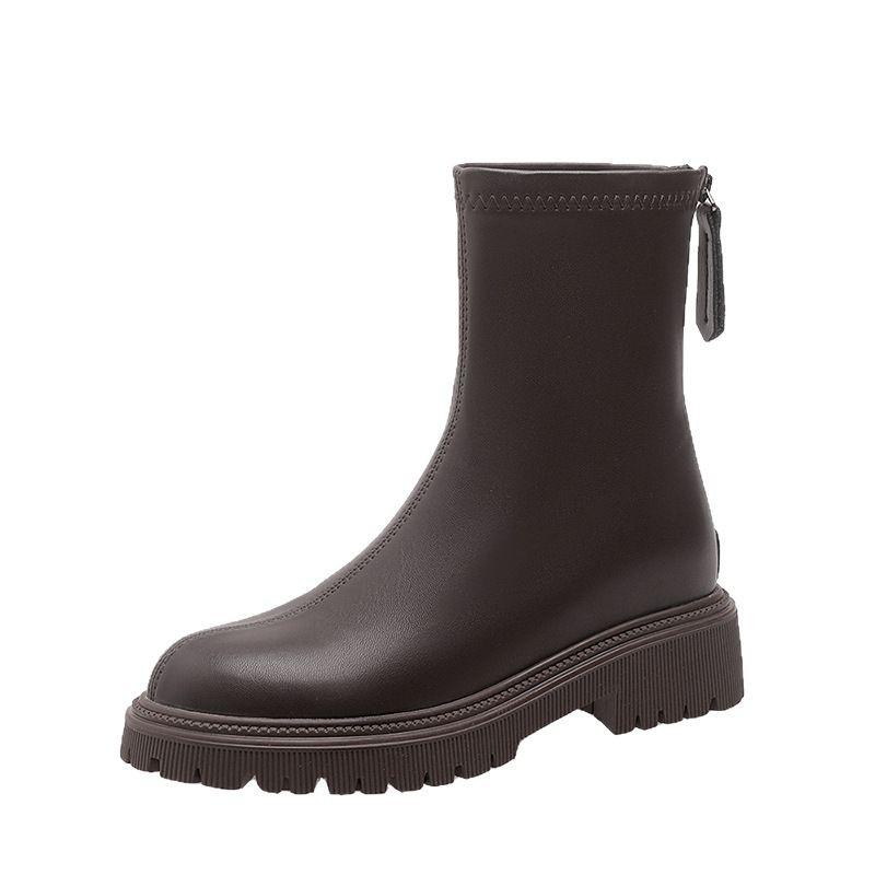Leather Short Boots Women's Thick Heel 2025 New Spring and Autumn Elastic Thin Boots Single Boots Thick-soled British Martin Boots