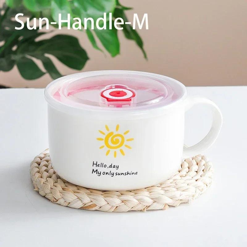 Large Capacity Salad Bowl Noodle Ceramic Bowls with Lid Cute Cartoon Pattern Food Container Household Tableware Kitchen Supplies
