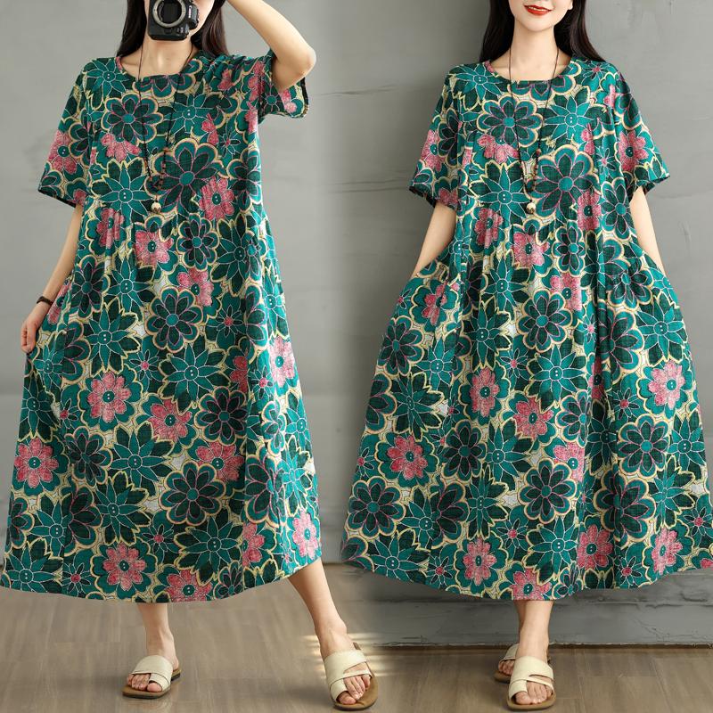 Dimanaf 2025 Summer Plus Size Dress Women Casual Vintage Shirt Dress Loose Basic Flower Printing Dress