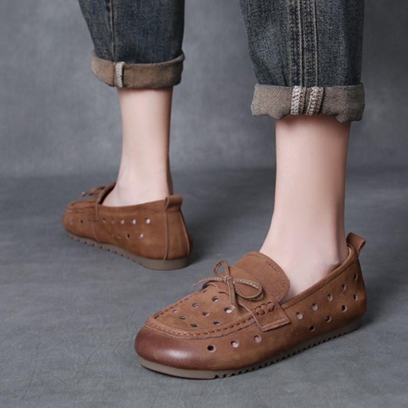 Johnature Genuine Leather Hollow-out Women's Slip-on Shoes Comfortable Casual Flat Breathable Sandals