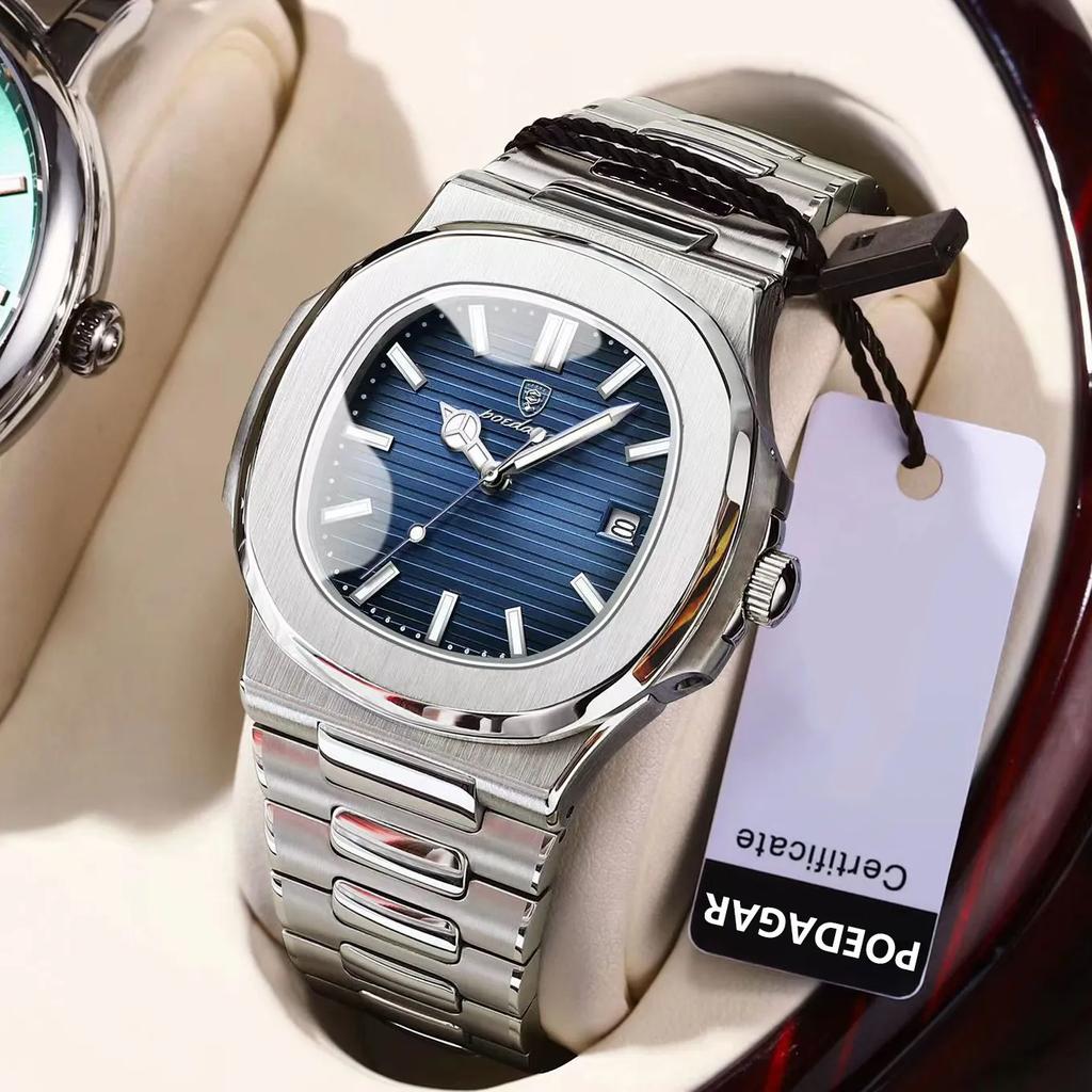 Luxury Casual Watch Top Brand Fashion Square Dial Stainless Steel Calendar Luminous Waterproof Men Watch Male Clock