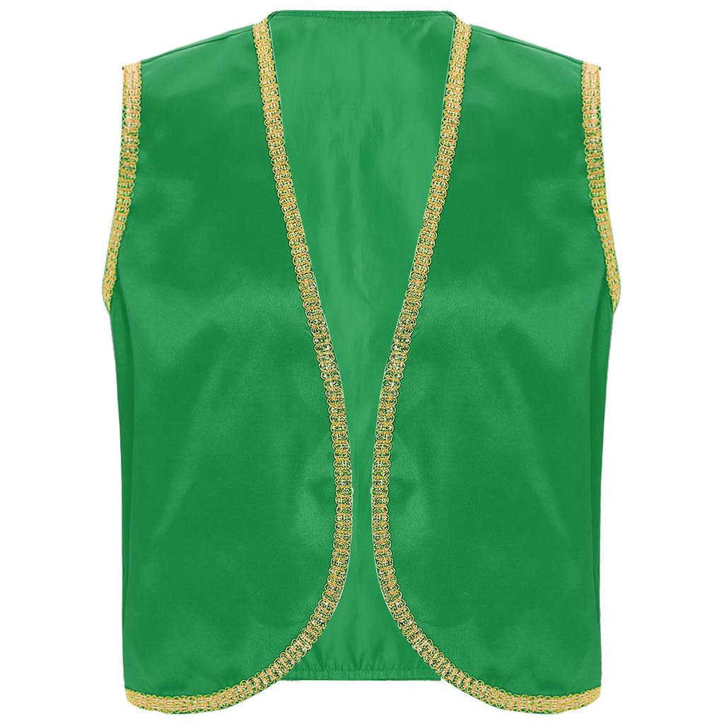 Mens Arabian Prince Costume Stain Vest Shiny Gold Trim Open Front Curved Waistcoat