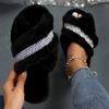 Fashion Pearl Crystal Decor Fluffy Slippers for Women Winter Plush Cross Strap Warm House Slippers Woman Open Toe Comfy Faux Fur Slides