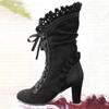 Fashion Plus Size 43 Womens Thick Heel Knight Boots Retro Medieval PU Leather Suede Lolita High Heel Lace Front Lace Up Boot Woman Shoe