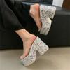 Summer Transparen Sequin Cloth Platform Open Toe Women's Slippers Designer Square High Heels Shoes
