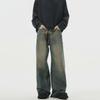 "Autumn Retro Men's Yellow Mud-Dyed Wide-Leg Jeans: American Brand, Loose Fit, Washed & Distressed."