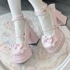 Fashion Sweet Pink Lace Bow Brand Mary Jane Shoes Women Fashion Ankle Strap Star Buckle Design Heels Cute Princess Lolita Dress Shoes
