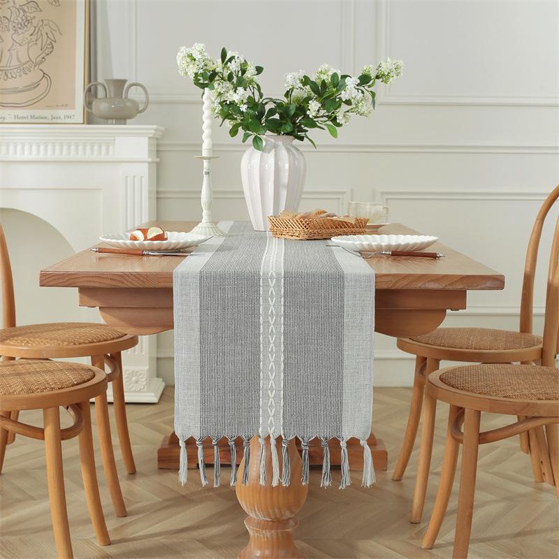 Hand Woven Solid Color Lace Table Runner with Fringe for Farmhouse Christmas Dining Table Decor