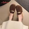 Aphixta 2025 Flat With Warm Slippers Suede Upper Plush Furry Slip On Mules Metal Decoration Concise Outside Slipper Shoes