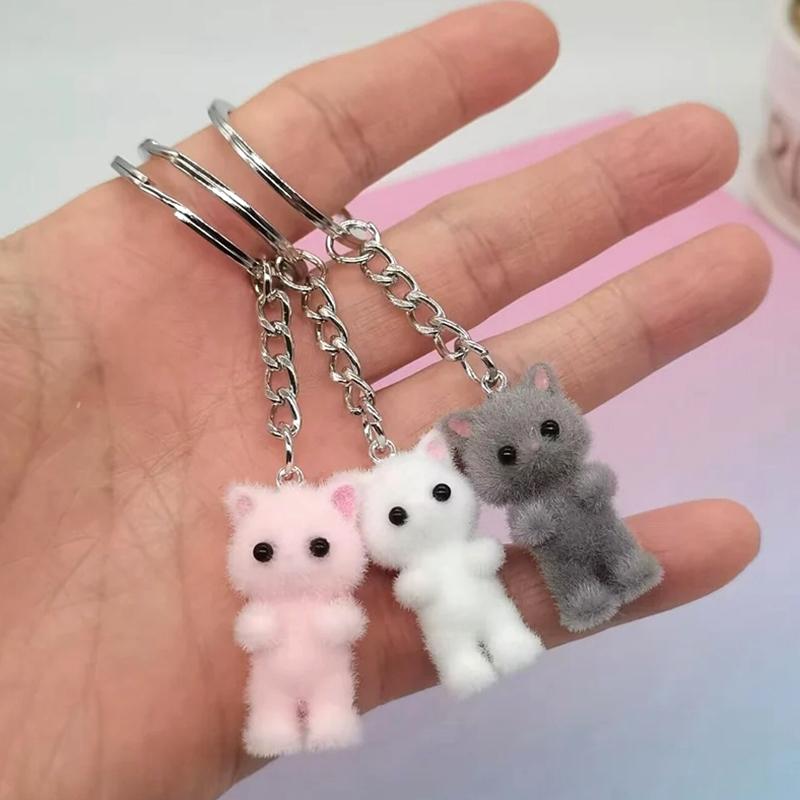 Cute 3D Flocking Kitten Small Bear Keychain Resin Cat Couple Mobile Phone Pendant Car Keyring Earphone Backpack Charms Bag Decor