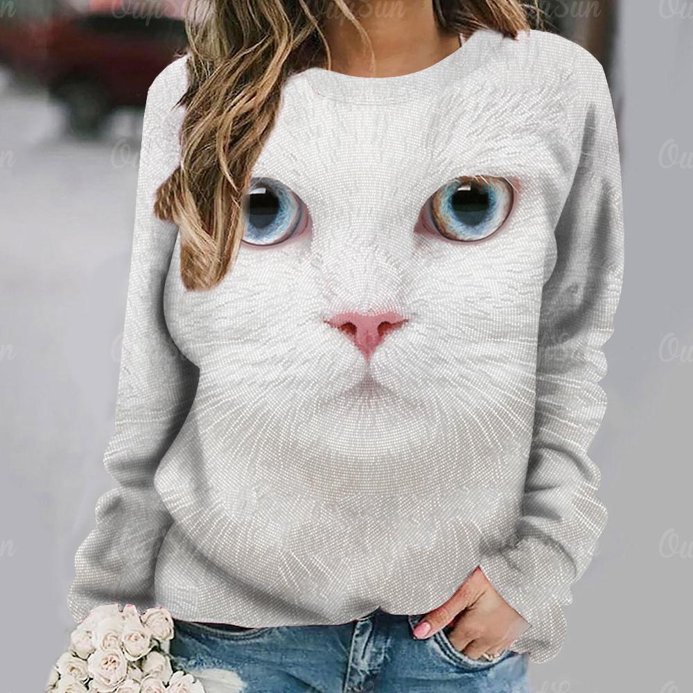 Women's Cat Big Head Cute Print Long Sleeve T-shirt Casual Loose Pullover Female Streetwear Cute Tops Fashion Trend