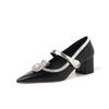 Real Leather Women Vintage Pumps Chunky Mid Heels Genuine Leather Black Pumps Spring Autumn Shoes Party Comfortable Women Pumps