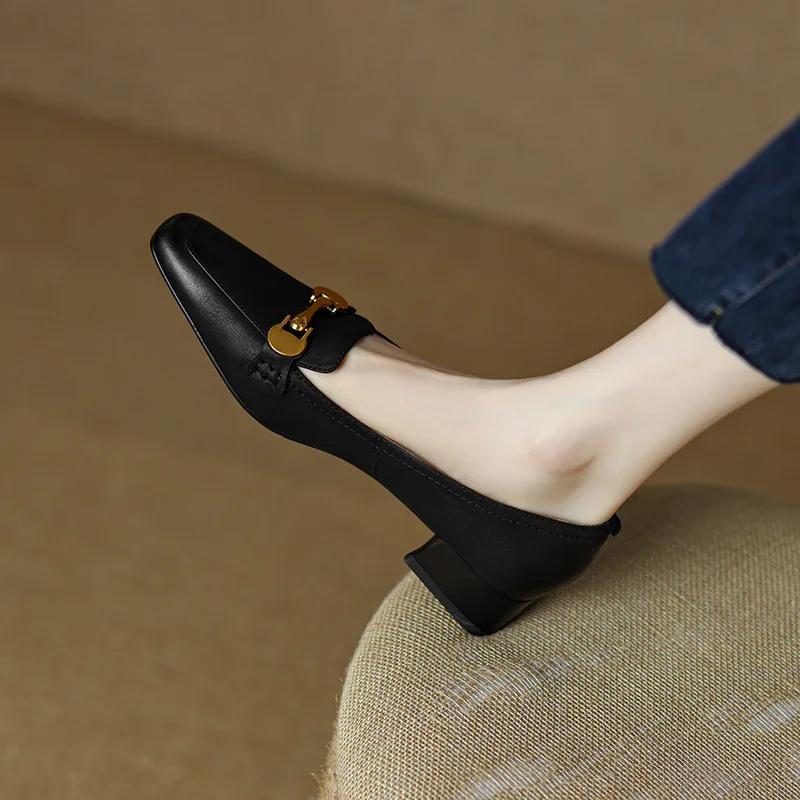 2024 True Soft Leather Single Shoes Women 2024 Spring New Square Head Middle Heel Shoes Thick Heel Soft Leather Women Shoes